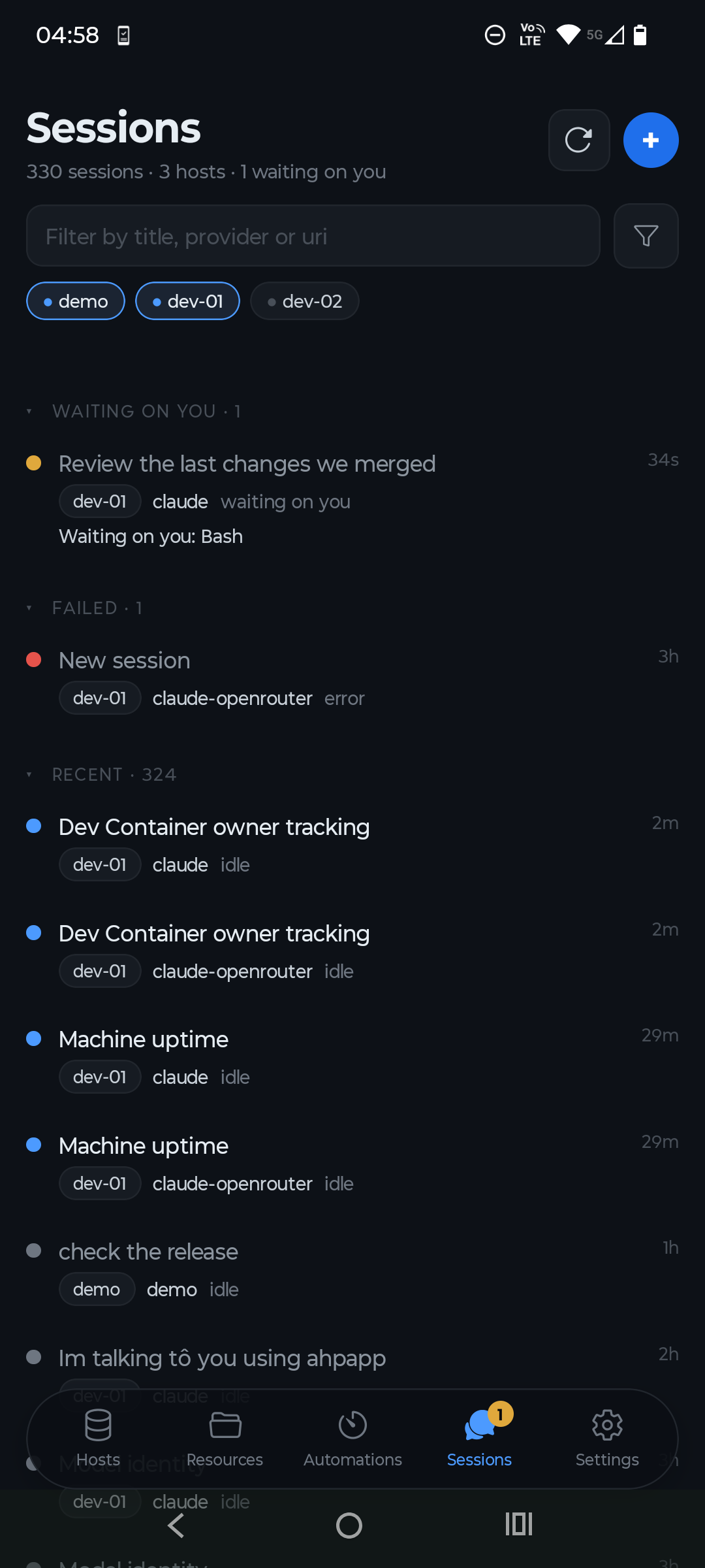 The app’s Sessions screen: work waiting for you, running sessions and recent history, grouped by host.